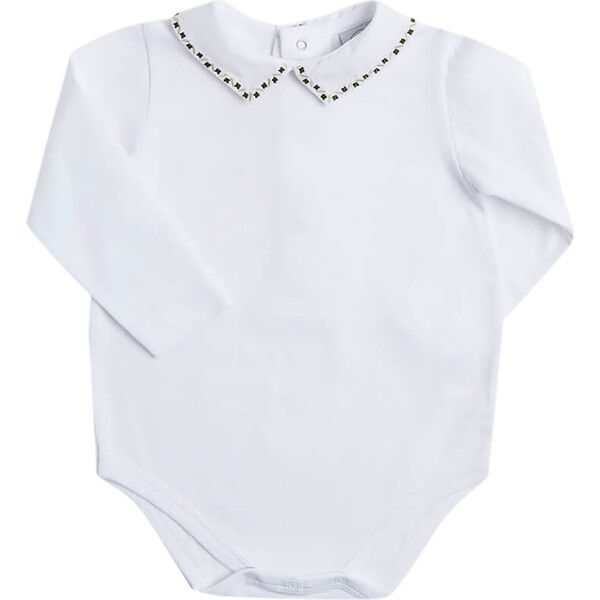 Embroidered Polo Collar Bodysuit, White | Maisonette