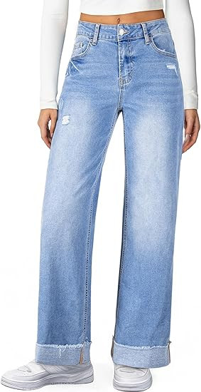 Sidefeel Women's Wide Leg Jeans High Waisted Stretchy Distressed Straight Leg Folded Hem Loose De... | Amazon (US)