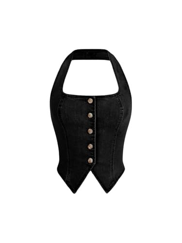 SHENHE Women's Denim Tops Y2K Halter Button Up Strapless Jean Vest Western Going Out Crop Top Black Medium | Amazon (US)
