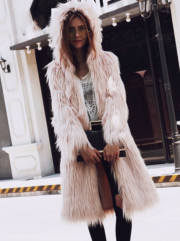 Faux Fur Coat Long Sleeve Hooded Long Women Pink Coat | Milanoo