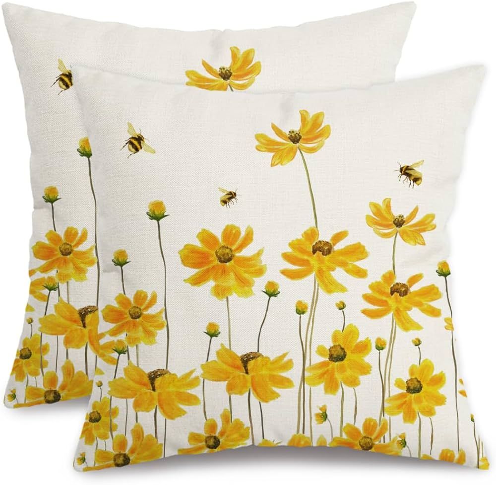 AACORS Spring Pillow Covers 18X18 Set of 2,Daisy Bee Decorations Farmhouse Seasonal Summer Pillow... | Amazon (US)