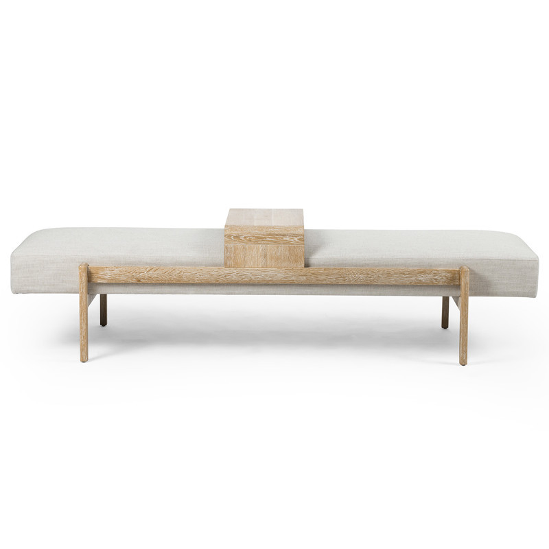 Odi Mid Century Light Brown Oak Wood Frame White Upholstered Entryway Bench | Kathy Kuo Home