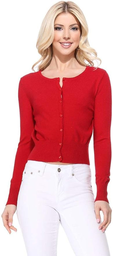 YEMAK Women's Cropped Cardigan Sweater – Long Sleeve Crewneck Basic Classic Casual Button Down ... | Amazon (US)