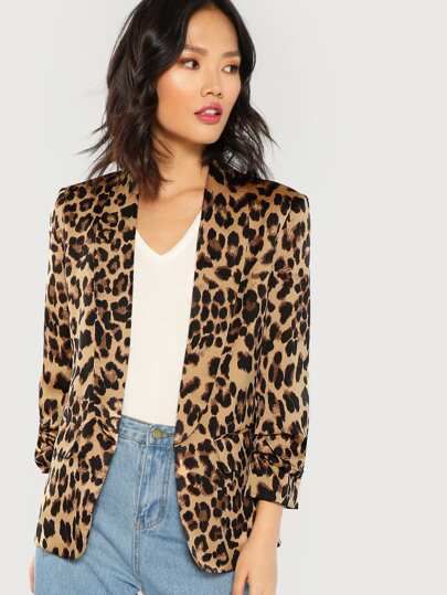 SHEIN Shawl Collar Gathered Sleeve Leopard Blazer | SHEIN