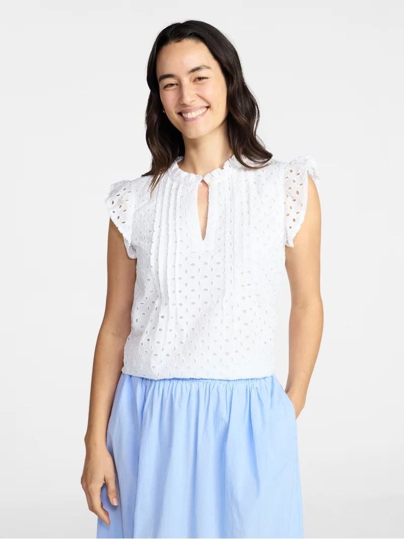 Time and Tru Women's Cotton Eyelet Top with Short Flutter Sleeves, Sizes XS-XXXL | Walmart (US)