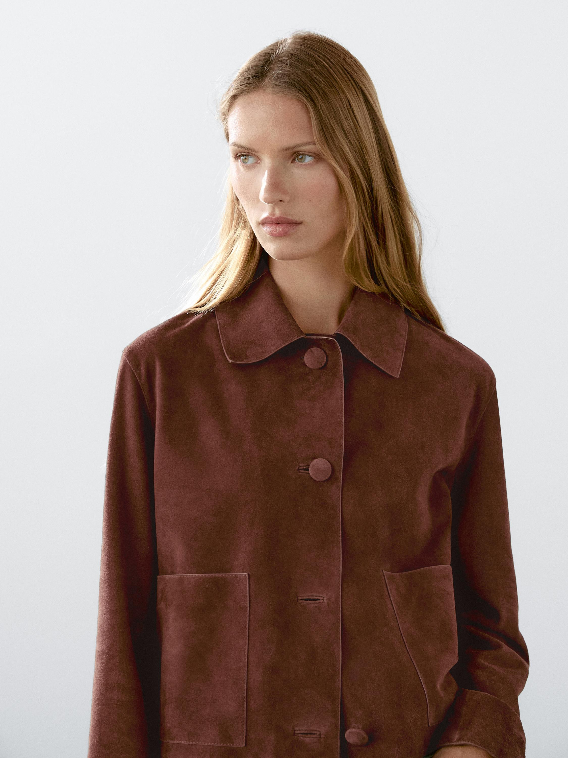Cropped suede leather-lined jacket with buttons | Massimo Dutti US