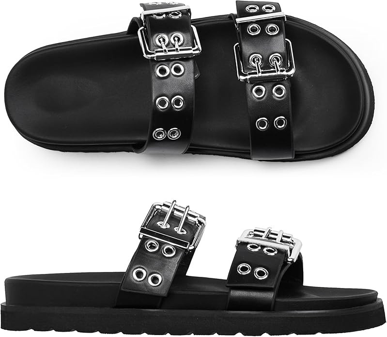 Modatope Womens Flat Sandals for Women Double Buckle Adjustable Slide Sandals Slip On Open Toe Pl... | Amazon (US)