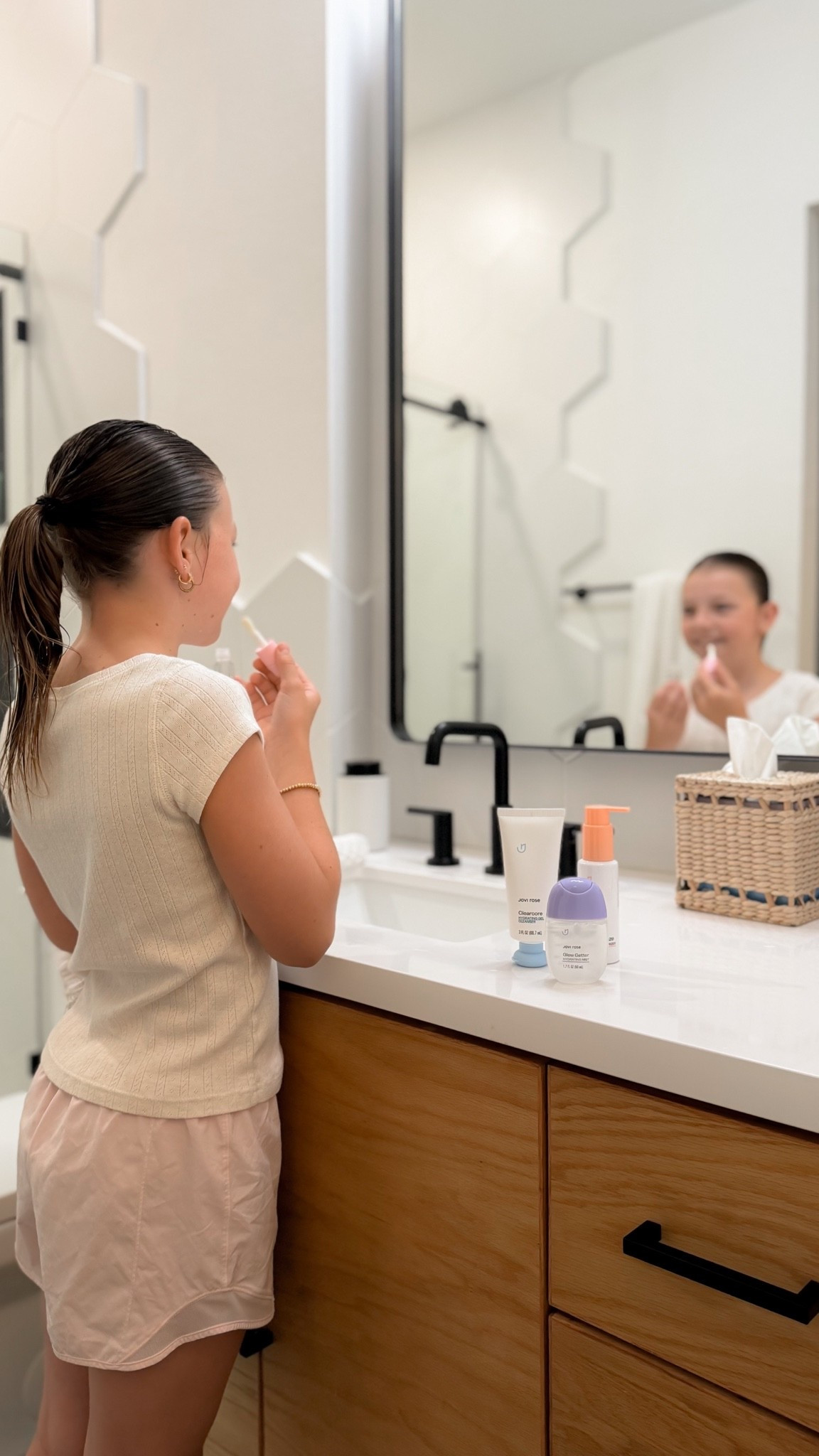 #ad Tween skincare is officially a thing in our house and Bristol is VERY into it 😂💕 She loves having products that feel like they’re actually hers — and honestly, anything cute on her bathroom counter automatically makes the routine more fun.

She’s been loving her @joviroseskin lineup because it’s simple, hydrating and doesn’t feel like too much for her skin. Cleanser, moisturizer, a little hydrating mist and of course the lip serum is the current favorite ✨

I love that it gives her a simple little routine and she loves that it makes her feel very grown up. 🥹💗 Girl moms, you know.