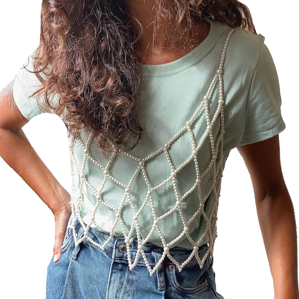 Womne's Pearl Body Chain Bra Handmade Beaded Sexy Bikini Body Chain Pearl Body Jewelry | Amazon (US)