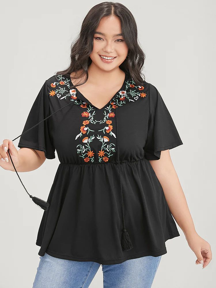 Floral Embroidered Ruffle Tie Neck Tassels T-shirt | Bloomchic
