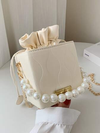 Mini Geometric Pattern Drawstring Design Pearl Decor Bucket Bag, Pearl Bag | SHEIN
