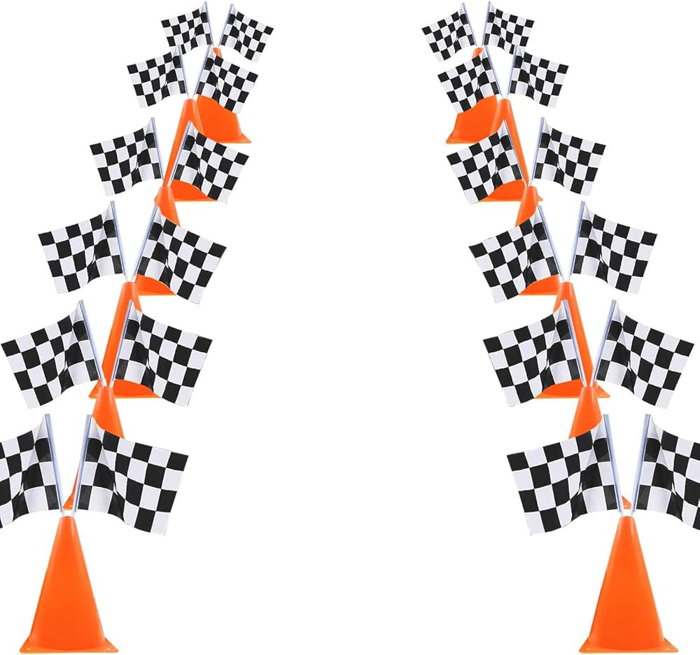 6 Pack 7inch Orange Race Cones with Holes on Top,12 Pack Checkered Flags,Racing Car Birthday Part... | Amazon (US)