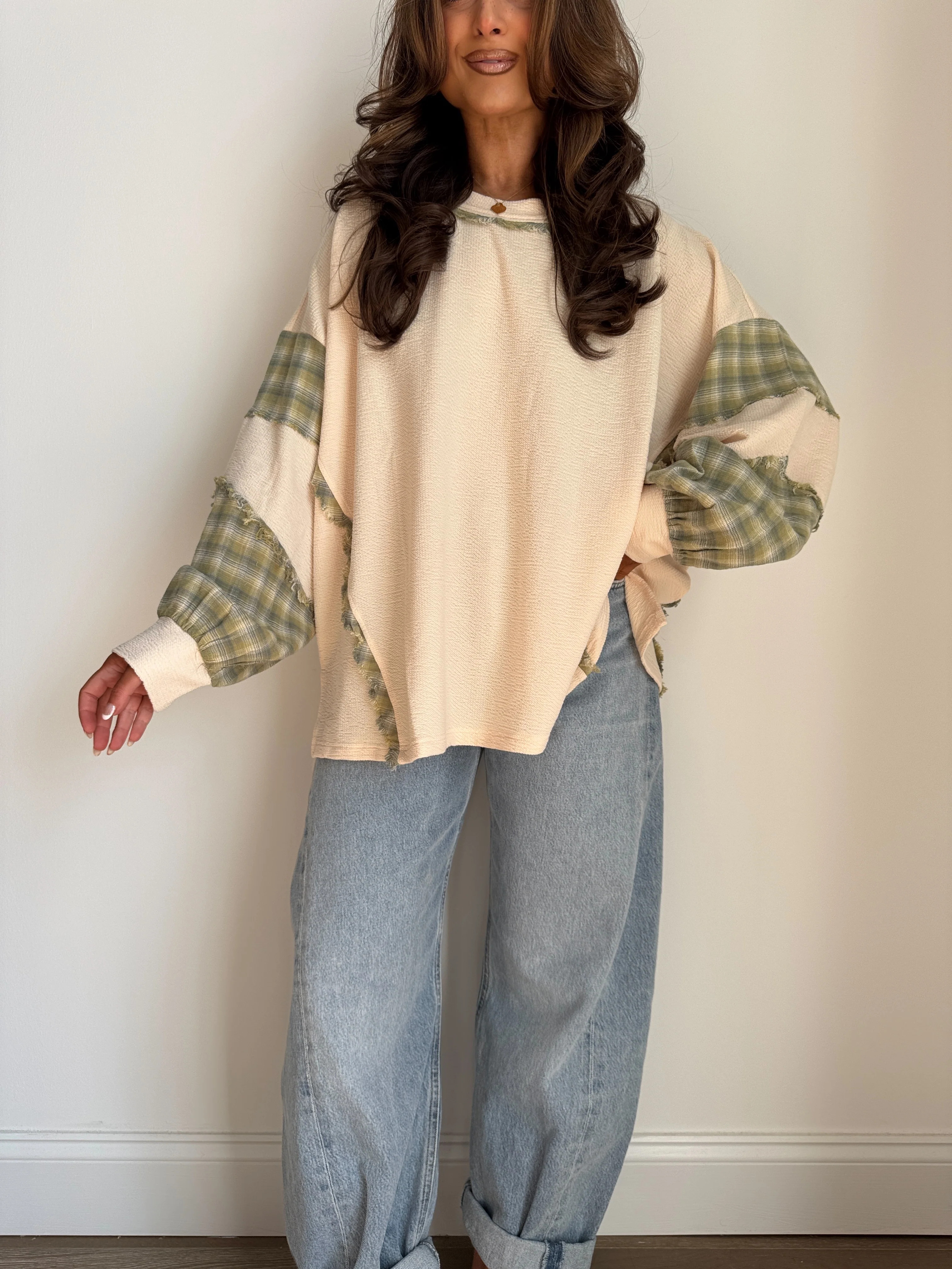 Honey Meadow Plaid Mix Oversized Flannel Crewneck (can’t restock) | Shop Your Darling Style