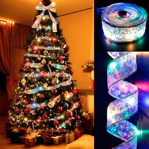tidsoei Christmas Tree Decorations 66ft 200 LED Silver Ribbon Colorful Light Ribbon Fairy Lights Battery-Powered Copper Wire Bows for Christmas New Year Decoration (Silvery Ribbon Colorful Lights) | Amazon (US)