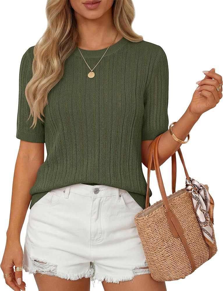 ZESICA Womens Summer Short Sleeve Knit Tops 2026 Crewneck Crochet Sweater Tops for Women Casual T... | Amazon (US)