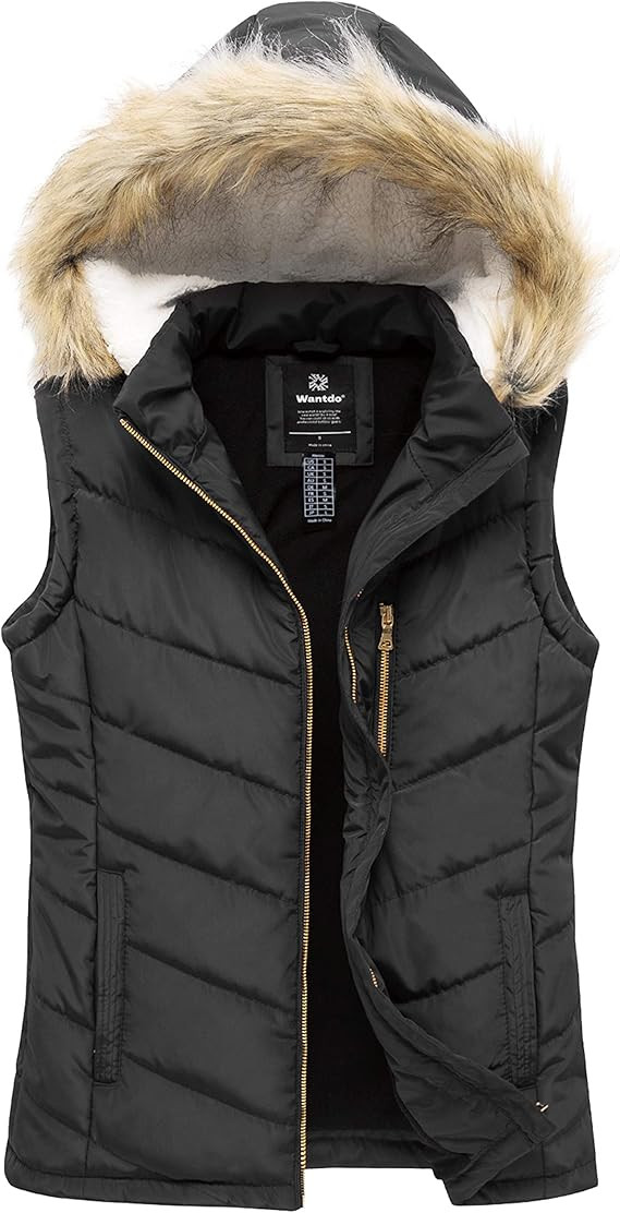 wantdo Women's Thicken Winter Vest Warm Puffer Vest with Removable Fur Hood | Amazon (US)