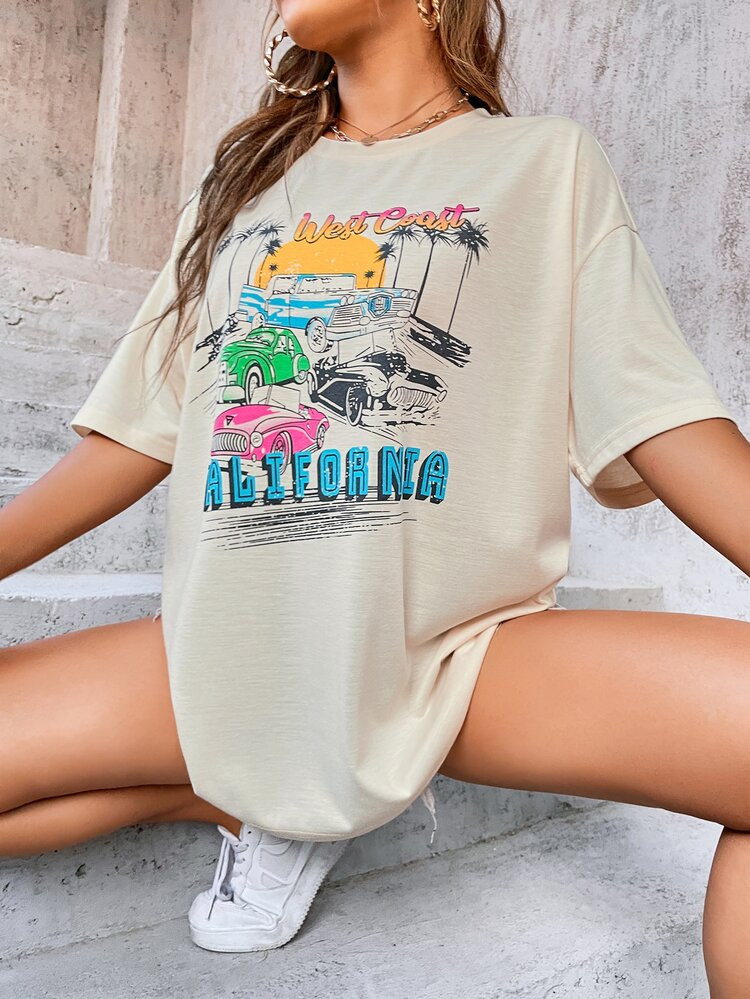 Tropical & Car Print Oversized Tee | SHEIN