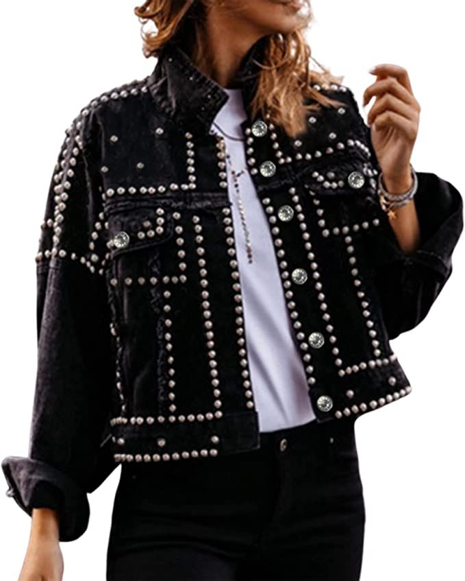 Gozoloma Women's Fashion Cropped Jean Jacket Lapel Long Sleeve Button Down Studded Short Rivet De... | Amazon (US)