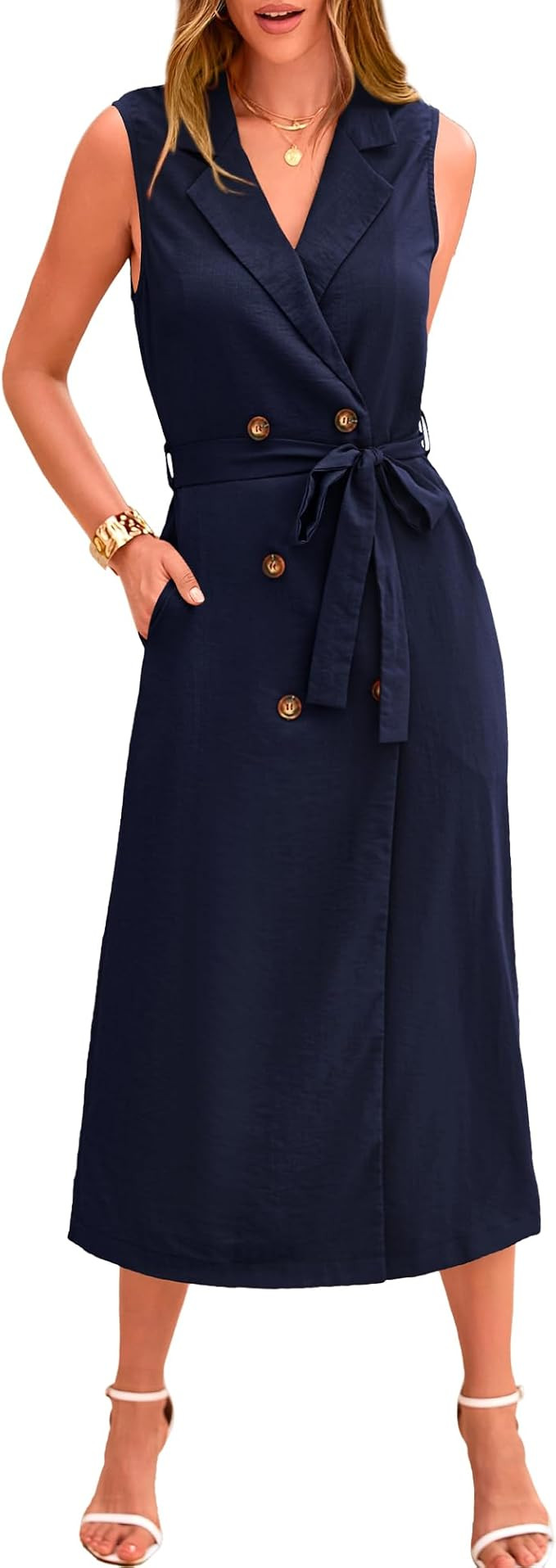 BTFBM Casual Business Dress 2024 Summer Work Office Lapel V Neck Slit Belted Sleeveless Button Do... | Amazon (US)