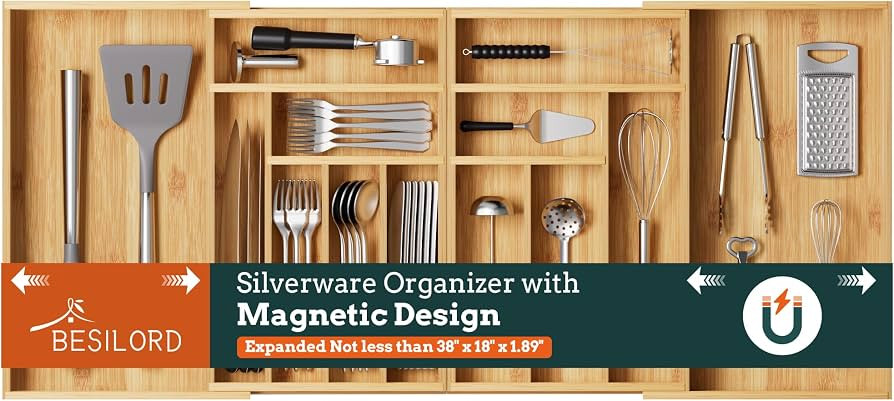 Silverware Organizer Large, Magnetic Connected Expandable 13 Slots Silverware Drawer Organizer Fr... | Amazon (US)