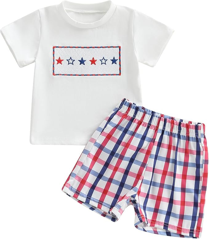 Toddler Baby Boy Clothes Summer Outfits Embroidery Smocked Short Sleeve Shirt T-Shirt + Gingham S... | Amazon (US)