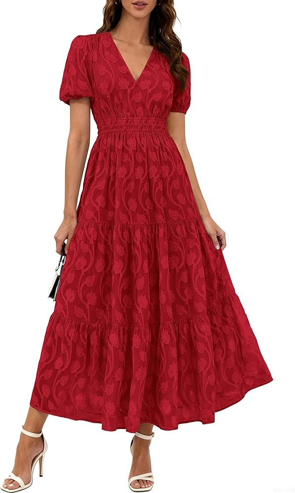 KIRUNDO Womens Boho Maxi Dress Summer Short Sleeve V Neck Floral Flowy A Line Formal Wedding Gues... | Amazon (US)