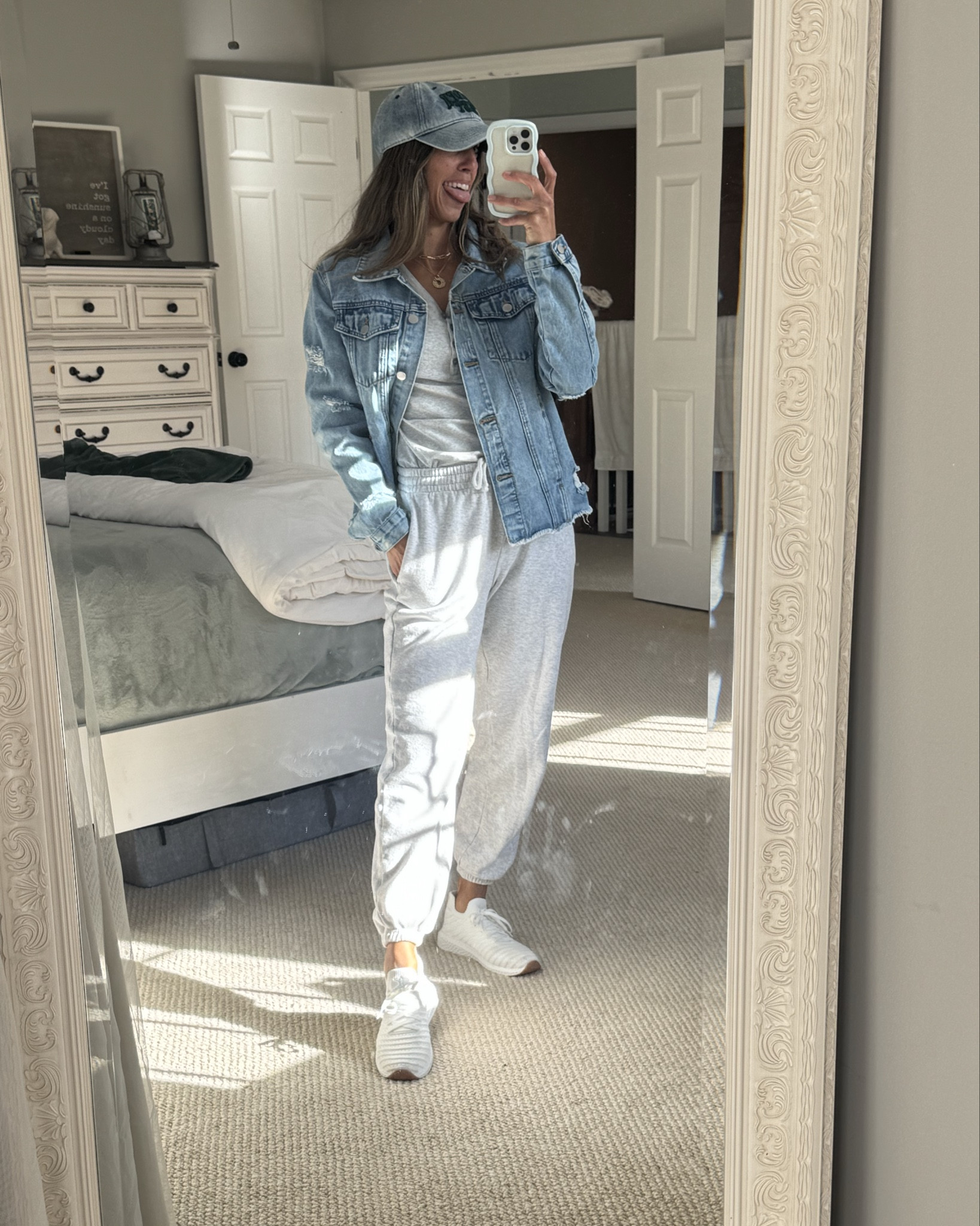 Weekend uniform unlocked 🩶 Matching gray set + denim layers for the perfect mix of cozy + cool. Effortless, comfy, and ready for wherever the day takes me 🚙✨ 


#LTKstyle #LTKtravel #casualoutfit #cozyfit #momstyle #airportoutfit #streetstyle #neutralaesthetic #denimlove

Airport outfit | travel day outfit | comfortable | cozy | baseball hat | white sneakers | denim jacket | distressed | gray | sweats | set | cotton long sleeve shit | 

#LTKTravel #LTKStyleTip #LTKFindsUnder50