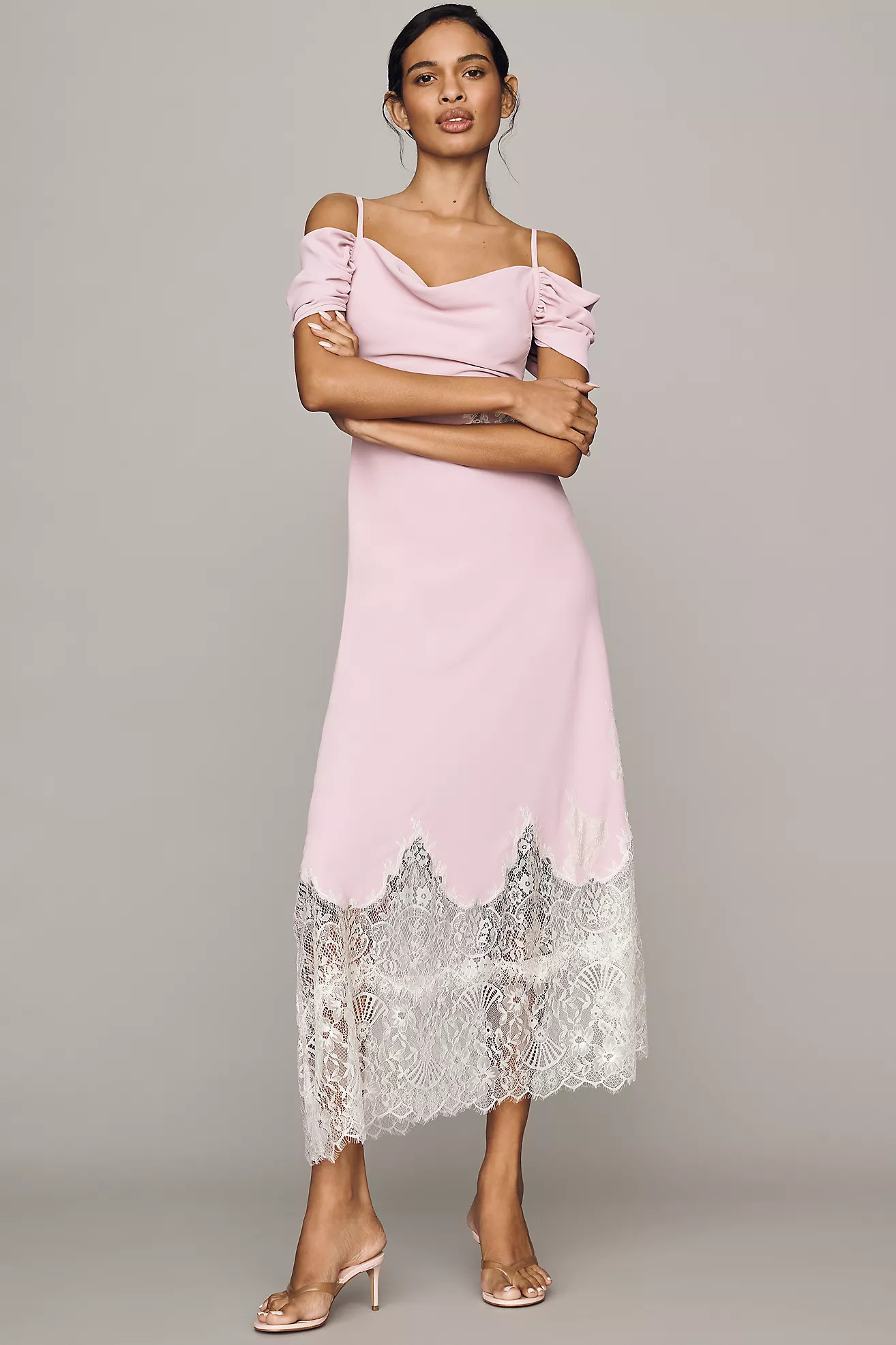 Bl-nk Satin Off-Shoulder Lace Midi Dress | Anthropologie (US)