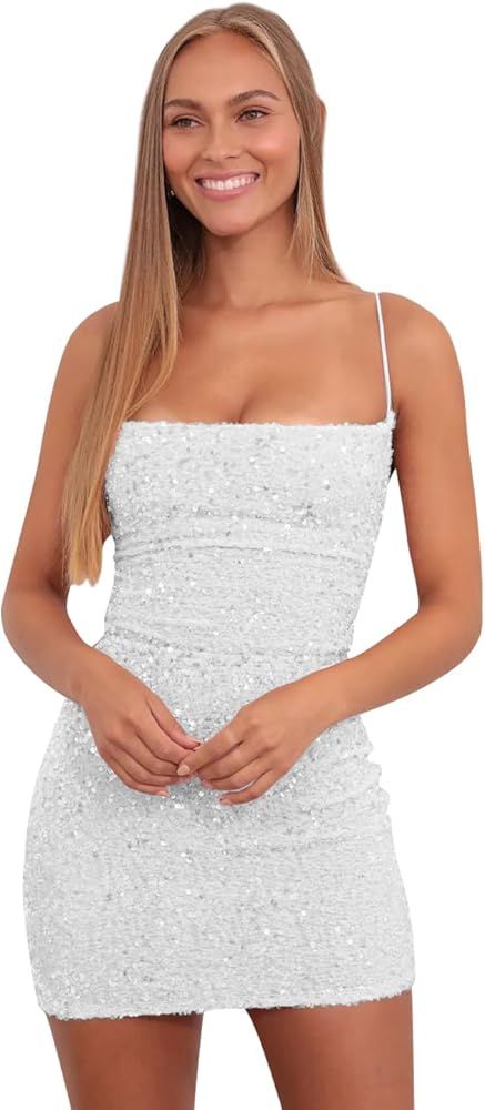 Yilis Women's Sparkly Sequin Homecoming Dresses for Teens Spaghetti Strap Tight Short Corset Prom... | Amazon (US)