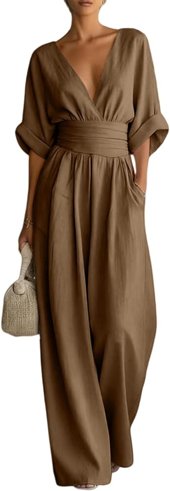 Womens Jumpsuit Dressy Tie Waist One Piece Outfits Short Sleeve V Neck Wide Leg Jumpsuits Vacatio... | Amazon (US)