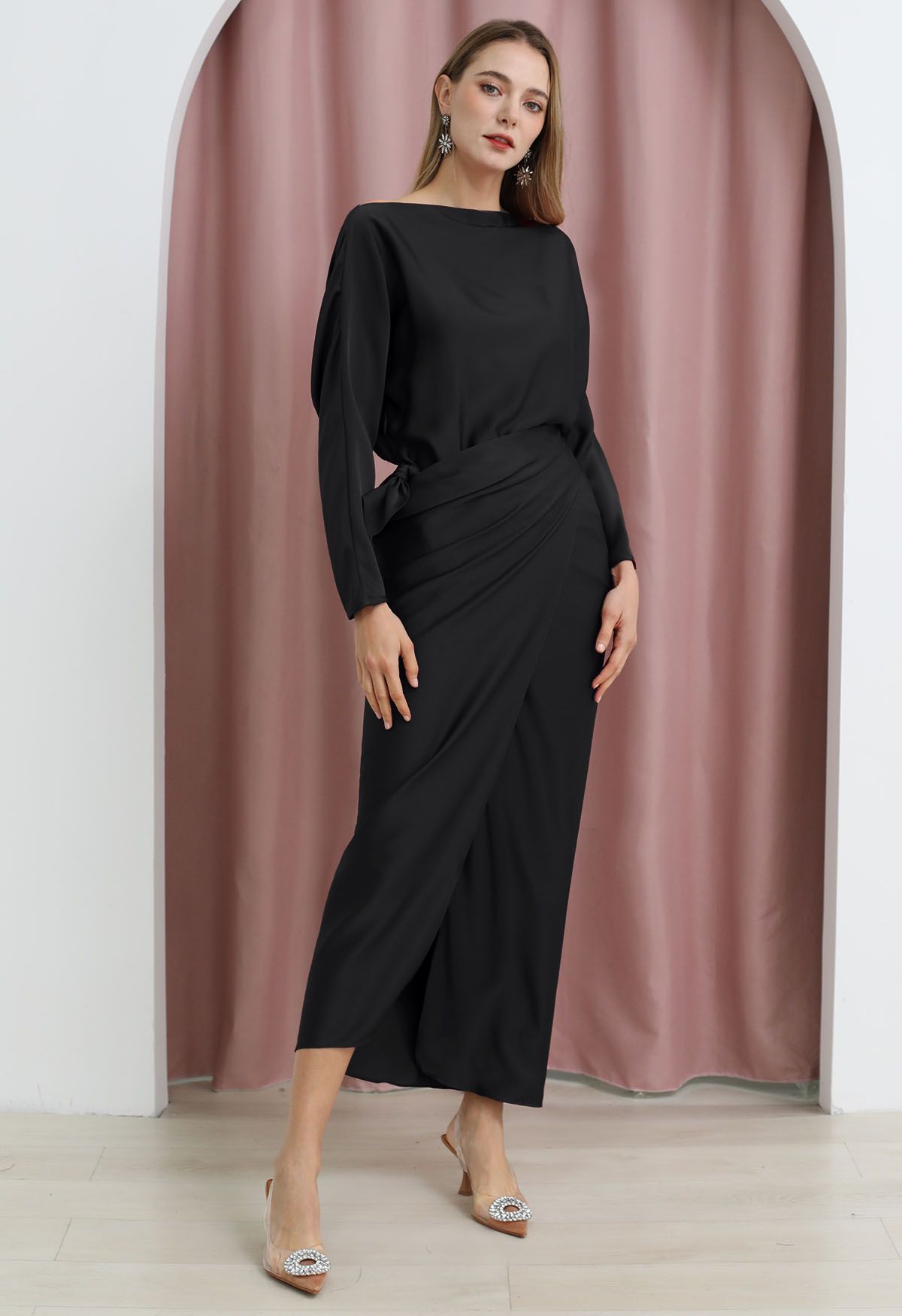 Satin Boat Neck Wrapped Waist Maxi Dress in Black | Chicwish