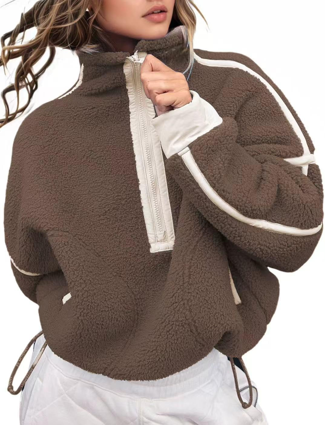 Kumufenc Women's Fleece Sweatshirts Half Zip Pullover Long Sleeve Oversized Workout Crop Tops Hoodie With Pocket | Amazon (US)