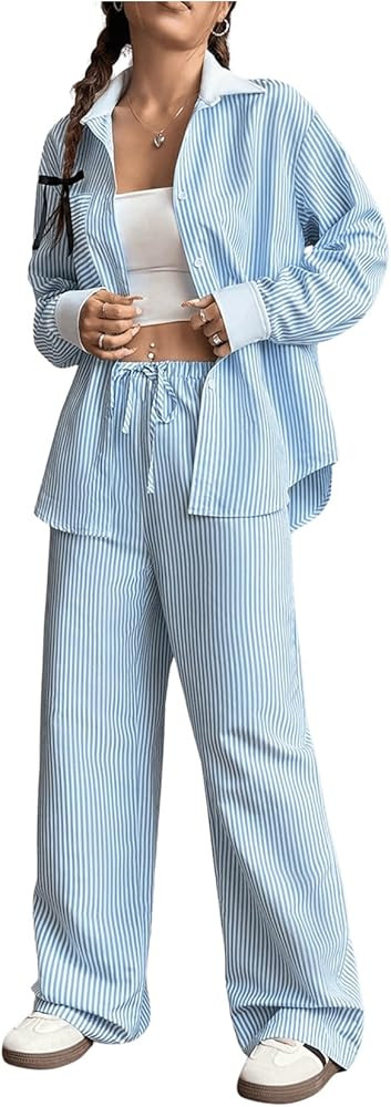 OYOANGLE Women's 2 Piece Outfits Striped Long Sleeve Button Down Shirt and Straight Leg Pants Lou... | Amazon (US)