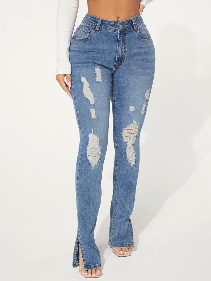 SHEIN SXY Ripped Slit Hem Skinny Jeans | SHEIN