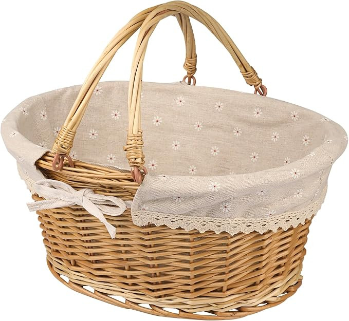 Large Multipurpose Wicker Basket with Handle, 14.2 x 11 x 6.7 in Wicker Picnic Basket with Liner,... | Amazon (US)