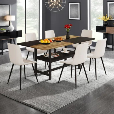Modern 71" Dining Table with Storage & 6 Linen Chairs with Curved Cushions, Spacious for Dining Room & Kitchen | Wayfair North America