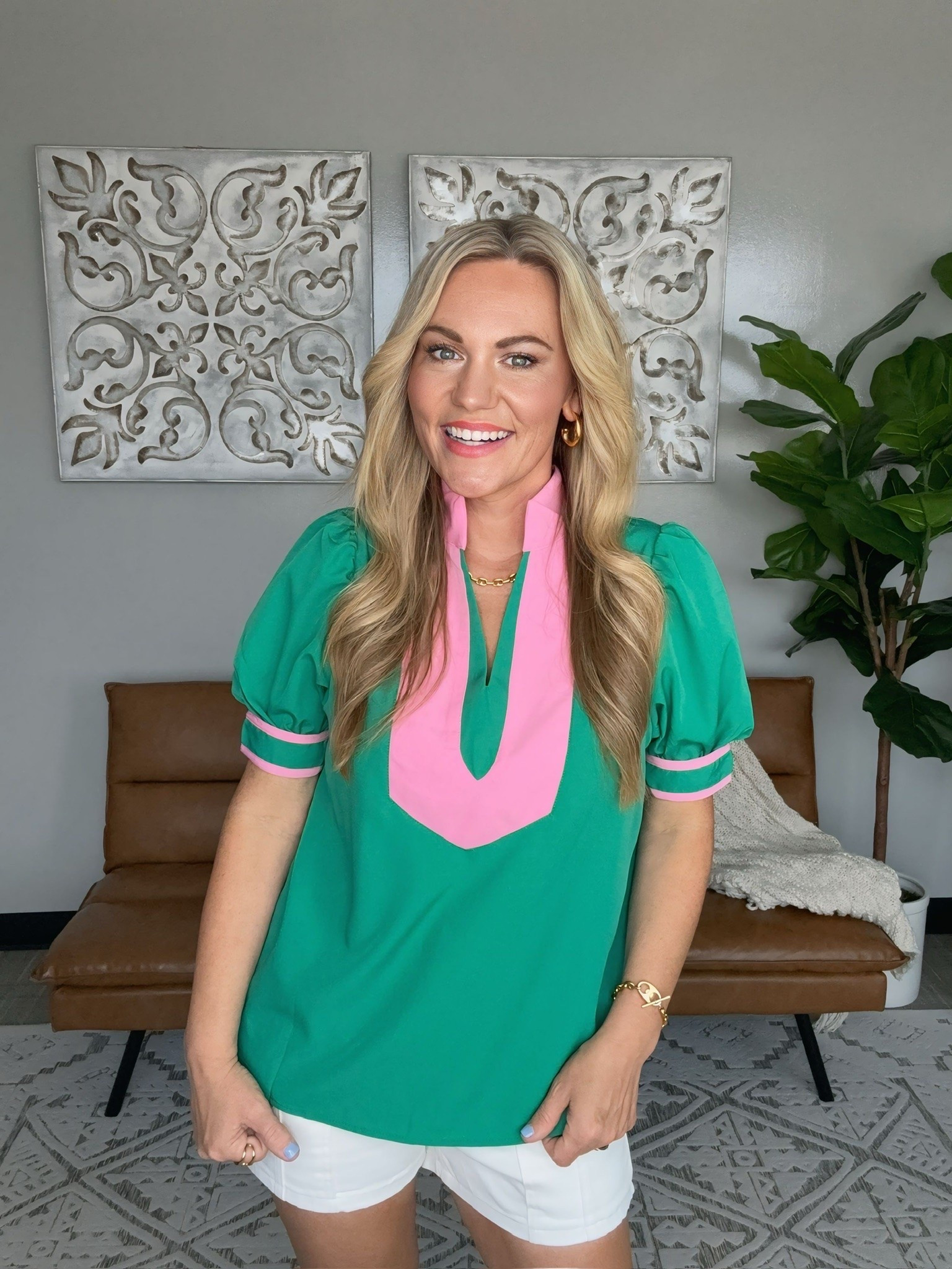 This top is such a fun summer statement piece. The bright green and pink color combo instantly catches your eye, and paired with crisp white shorts, it creates an effortless look that feels polished, playful, and perfect for warm weather.

green top, pink trim top, summer outfit, white shorts, colorful style, vacation outfit, resort wear, boutique fashion, casual chic, summer wardrobe, audriedollins

#LTKootd #LTKOver40 #LTKSeasonal