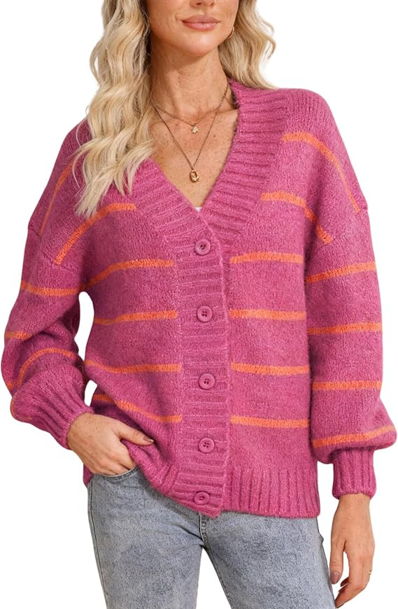 QIBABU Womens Striped Cardigan Sweaters Oversized V Neck Open Front Button Down Knit Outwear | Amazon (US)