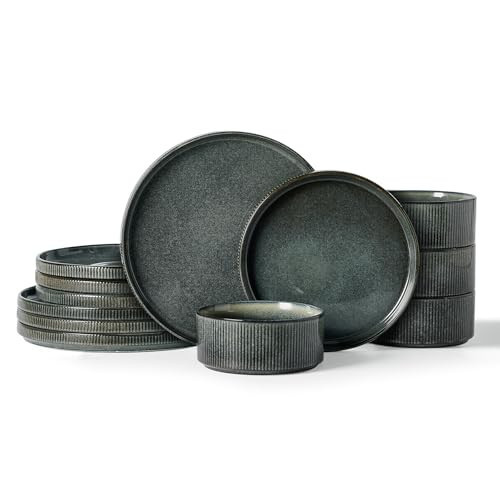 Famiware Star 12-Piece Stoneware Dinnerware Sets for 4, Reactive Glaze Plates and Bowls, Modern Rustic Dishes for Everyday & Formal Use, Chip/Scratch Resistant, Microwave/Dishwasher Safe, Deep Forest | Amazon (US)