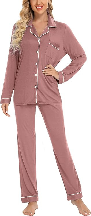 Leikar Button Up Pajama Set For Women Long Sleeve Shirt and Pajama Pants Soft Pjs Lounge Sets S-X... | Amazon (US)