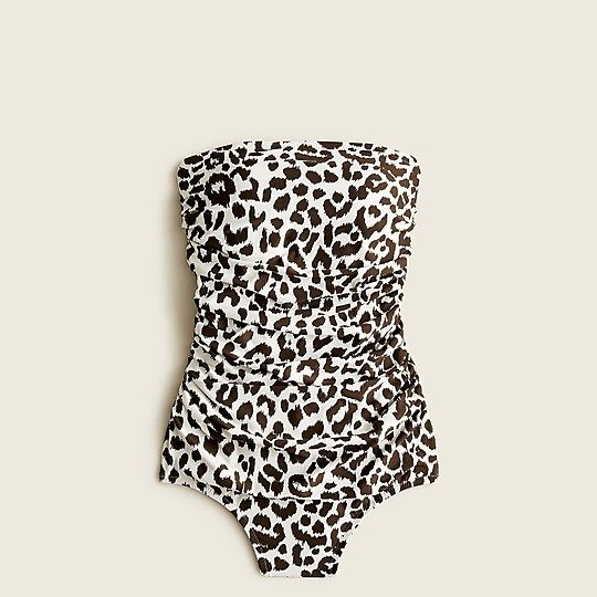 Long torso Ruched bandeau one-piece swimsuit in leopard print | J.Crew US
