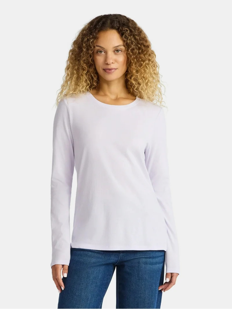 Time and Tru Women's Cotton Crewneck Tee with Long Sleeves, Sizes XS-XXXL | Walmart (US)