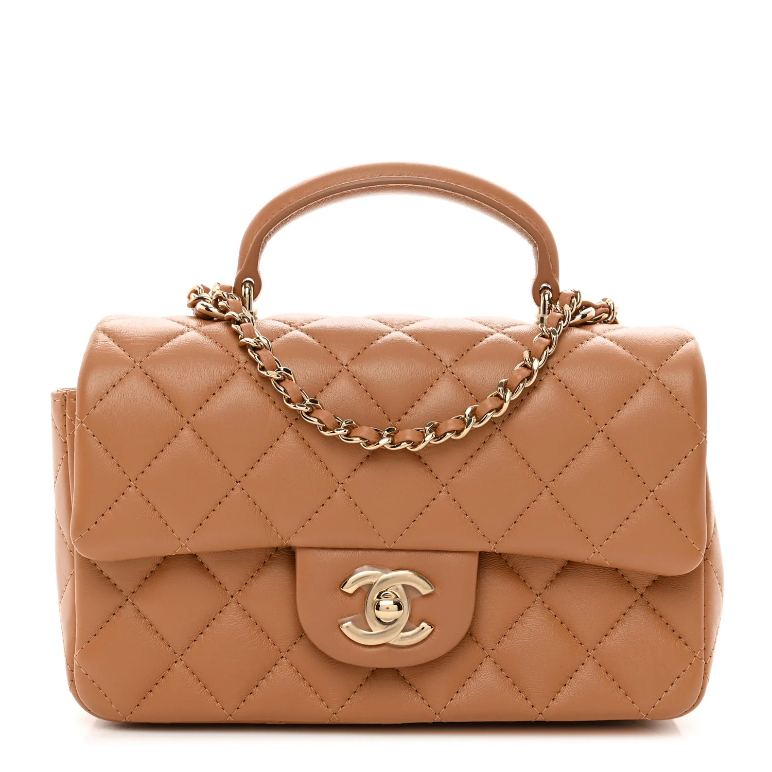 Lambskin Quilted Mini Top Handle Rectangular Flap Dark Beige | FASHIONPHILE (US)