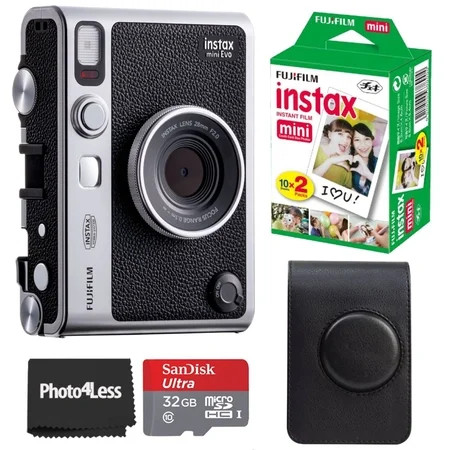 Fujifilm Instax Mini EVO Hybrid Black Instant Camera | Instax Mini Twin Pack Instant Film | 32GB microSD Card with Adapter | Black Camera Case | Walmart (US)