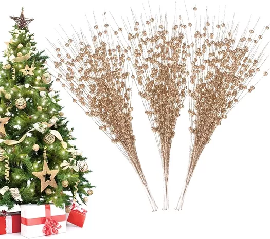 Christmas Picks and Sprays 8 Packs - Champagne Artificial Glittered Berries  Stem