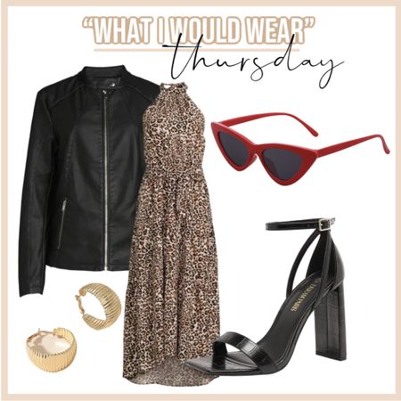 Faux leather jacket - date night - black strappy heels - gold earrings / red sunglasses - leopard dress - wedding guest dress 

#LTKFind #LTKshoecrush #LTKunder50