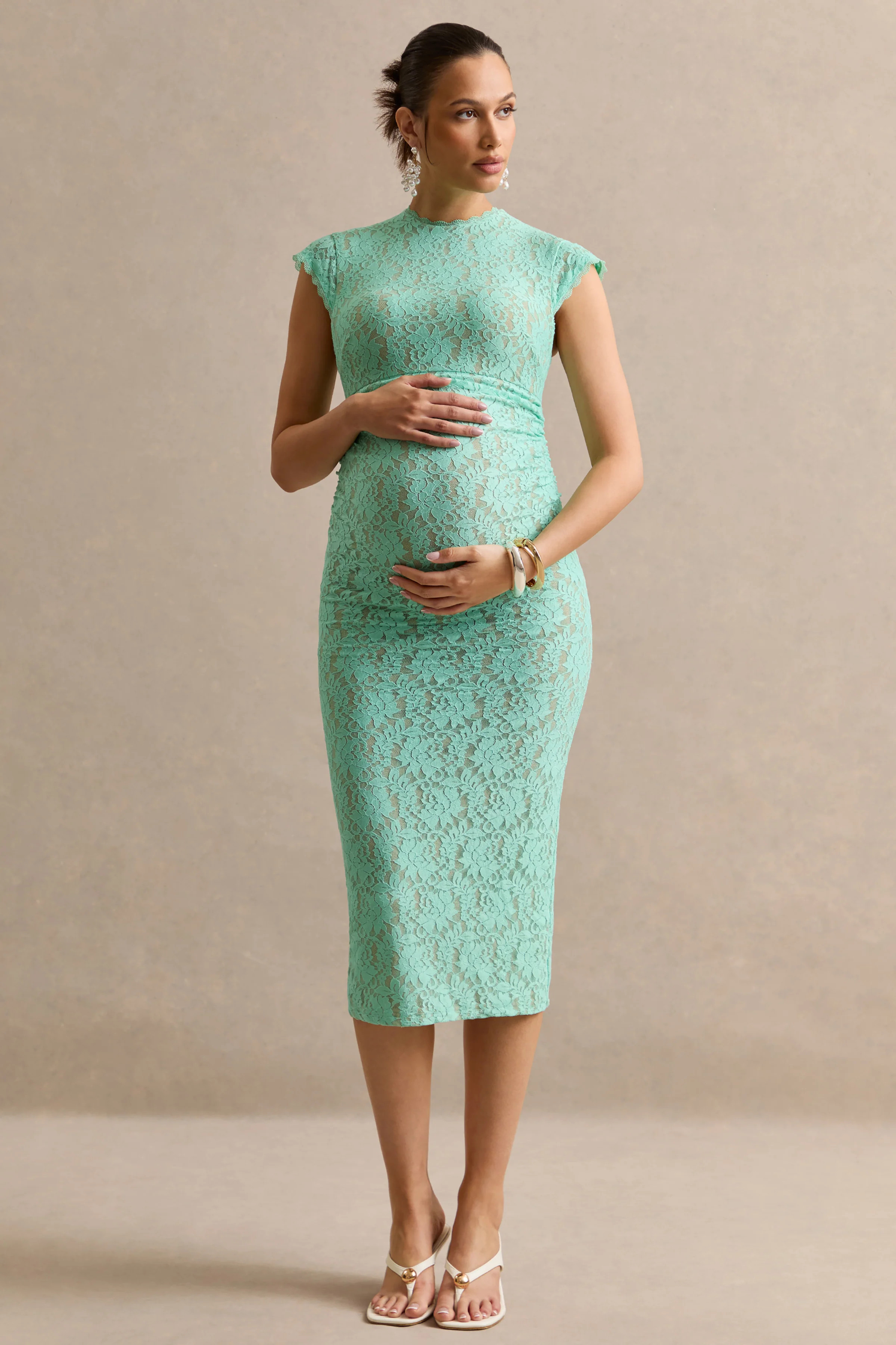 Vianne | Mint Lace Round-Neck Maternity Midi Dress | Club L London