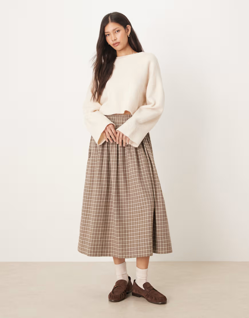 AWARE full tie waist detail skirt in beige and brown mini check print-Neutral | ASOS (Global)