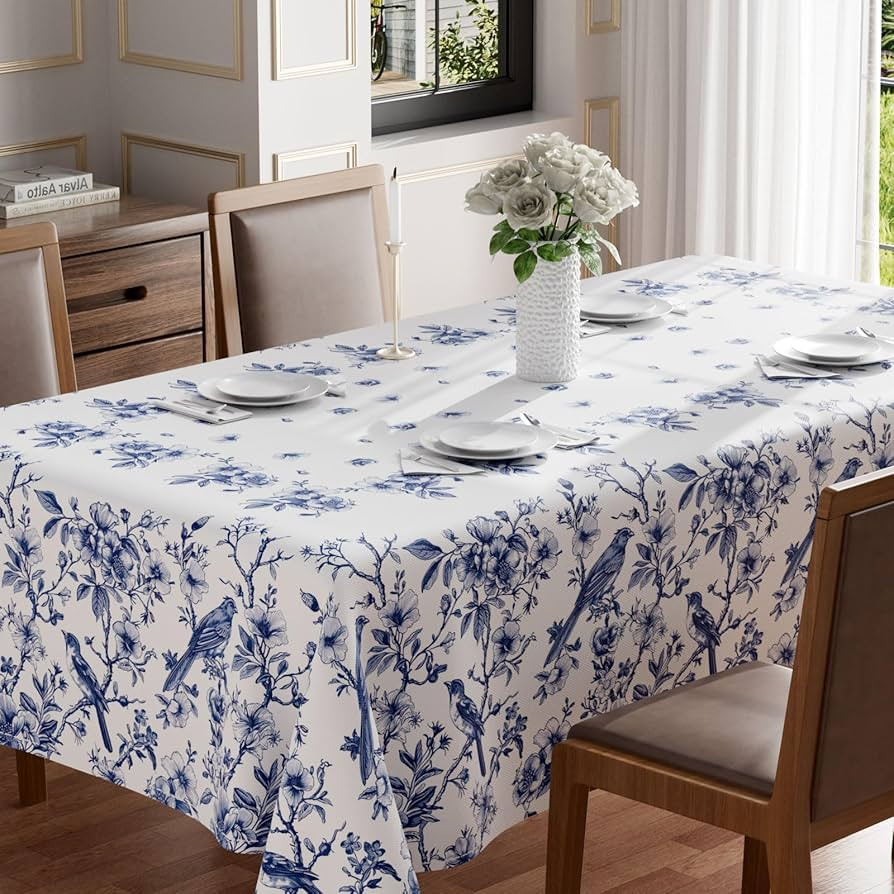 XCHI Blue and White Porcelain Style Birds and Flowers Spring Tablecloth Rectangle Washable Table ... | Amazon (US)