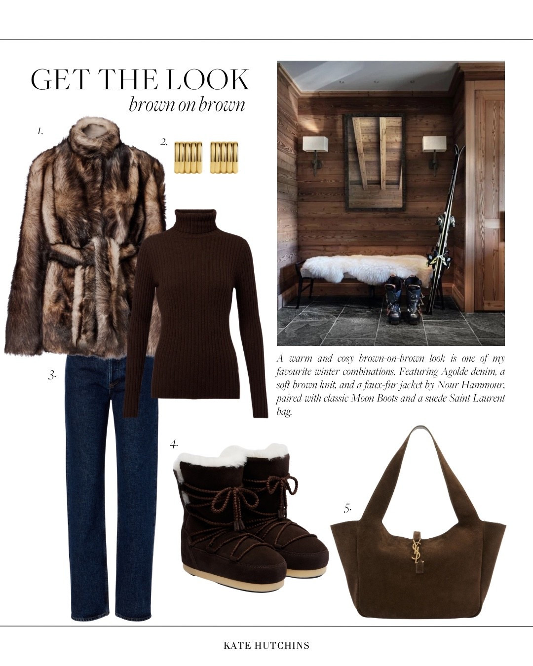 A warm and cosy brown-on-brown edit, one of my favourite winter combinations. Featuring AGOLDE denim, a soft brown knit, and a faux-fur jacket by Nour Hammour, all paired with classic Moon Boots and a suede Saint Laurent bag.  The perfect blend of comfort and quiet luxury for cold winter days 🤎✨

#LTKwinter #LTKstyletip